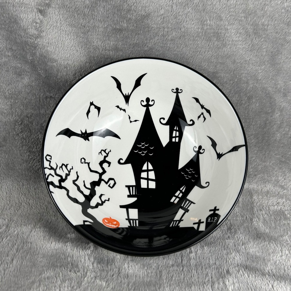Cordon Bleu Halloween Haunted House Bat Ceramic Bowl Black White 7.75"